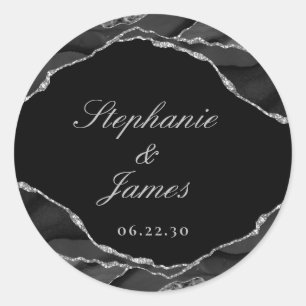 Elegant Black White Silver Foil Agate Wedding Classic Round Sticker