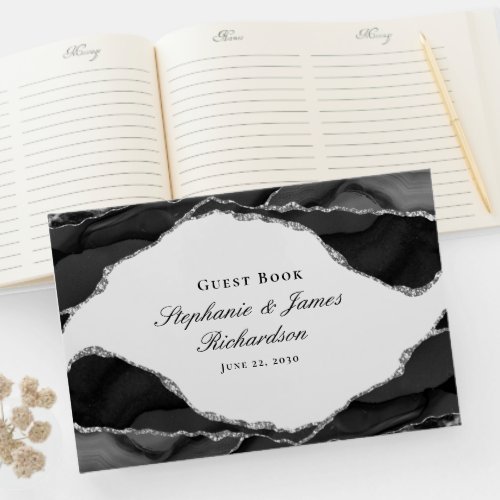 Elegant Black White Silver Foil Agate Wedding Guest Book