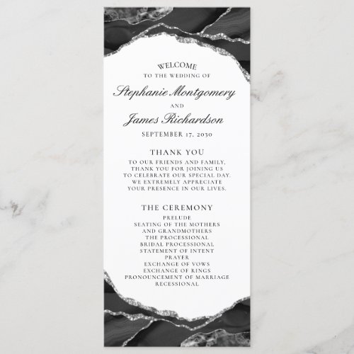 Elegant Black White Silver Foil Agate Wedding Program
