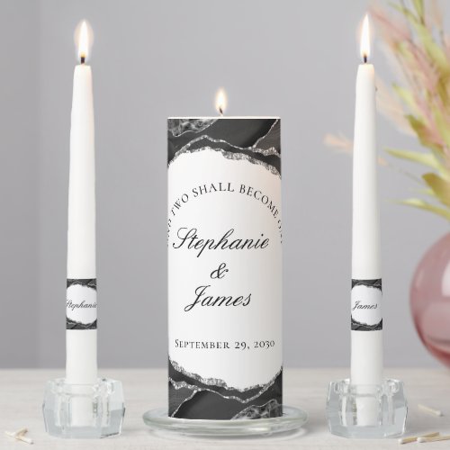 Elegant Black White Silver Foil Agate Wedding Unity Candle Set