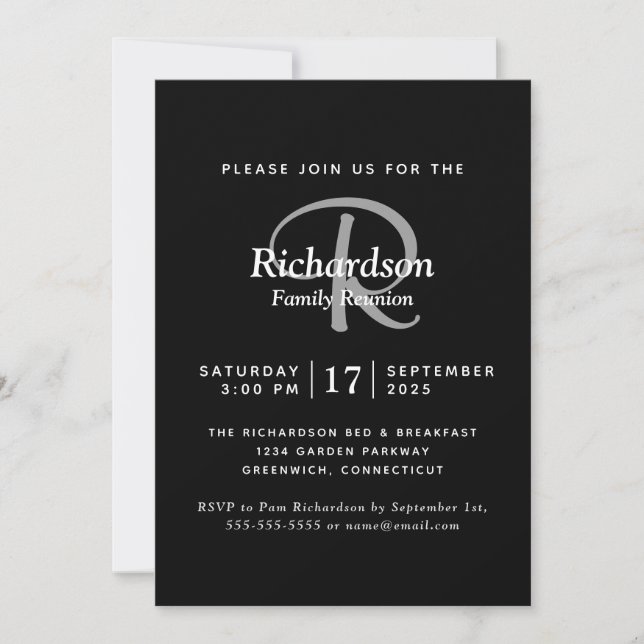 Elegant Black White Silver Monogram Family Reunion Invitation (Front)