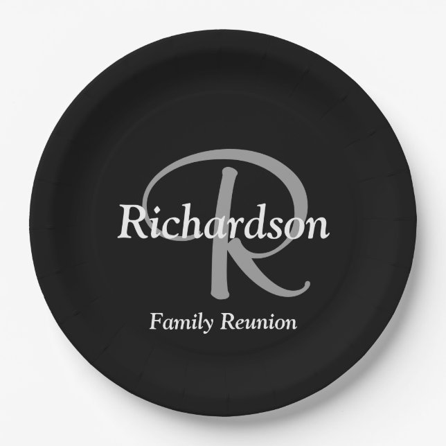 Elegant Black White Silver Monogram Family Reunion Paper Plates (Front)