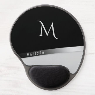 Elegant black white silver, name and monogram gel mouse pad