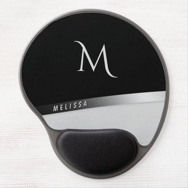 Elegant black white silver, name and monogram gel mouse pad (Front)
