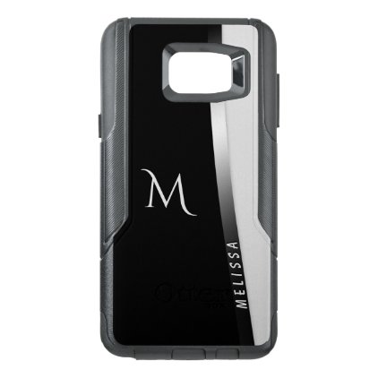 Elegant black white silver, name and monogram OtterBox samsung note 5 case