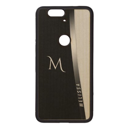 Elegant black white silver, name and monogram wood nexus 6P case