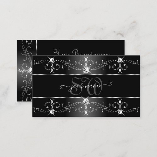 Elegant Black White Silver Ornate Borders Monogram Business Card