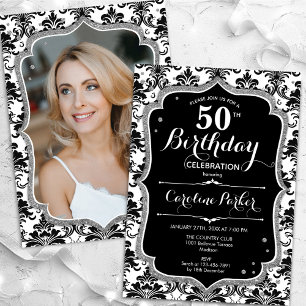 Elegant Black White Silver Photo 50th Birthday Invitation