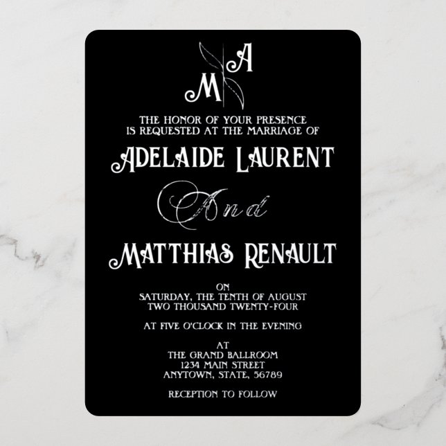 Elegant Black & White Silver Striped Wedding Foil Invitation (Front)