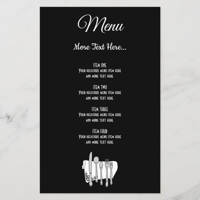 Elegant Black White Silverware Editable Menu Flyer (Front)