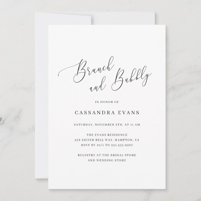 Elegant Black White Simple Brunch and Bubbly Invitation (Front)