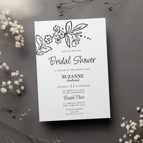 Elegant black white simple floral Bridal Shower Invitation