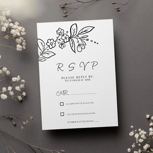 Elegant black white simple floral RSVP Invitation