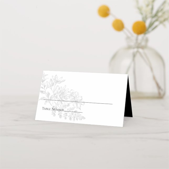 Elegant Black White Simple Floral Wedding Place Card (Front)