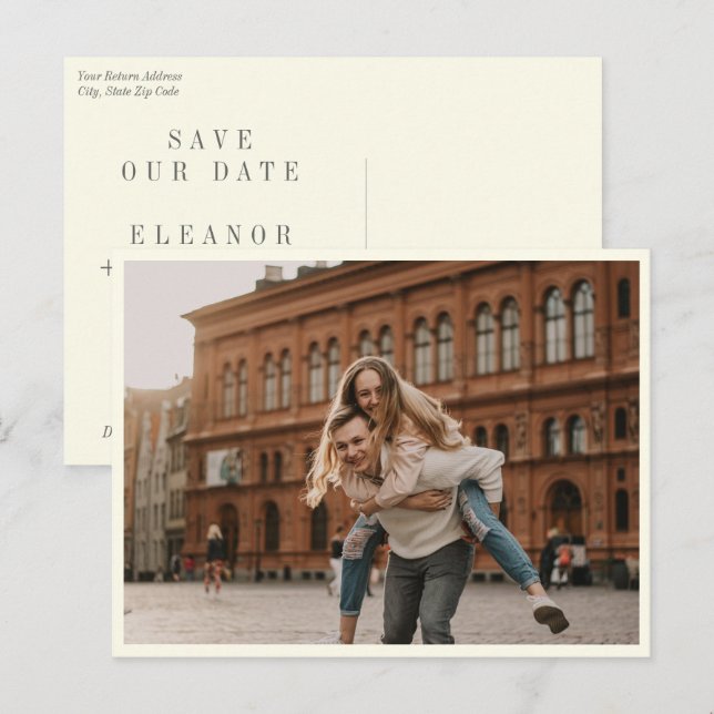 Elegant Black White Simple Photo Save The Date Postcard (Front/Back)