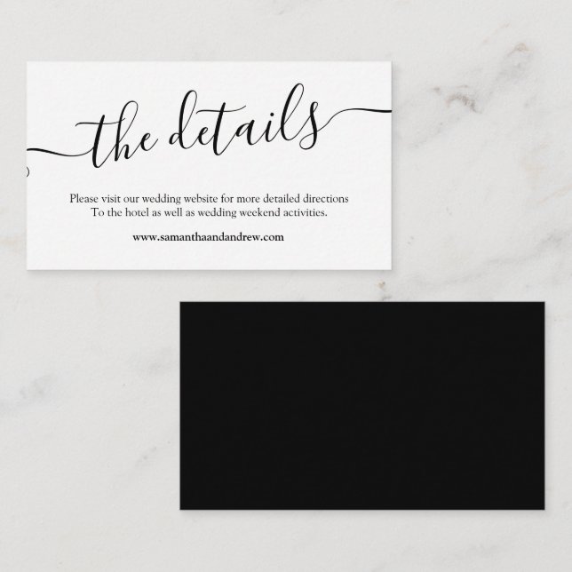 Elegant black white simple wedding details enclosure card (Front/Back)