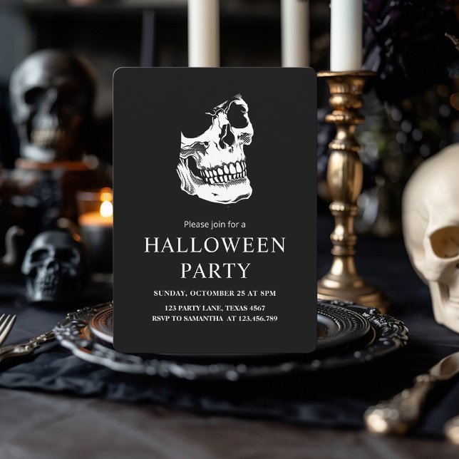 Elegant Black & White Skull Halloween Party  Holiday Card (Creator Uploaded)