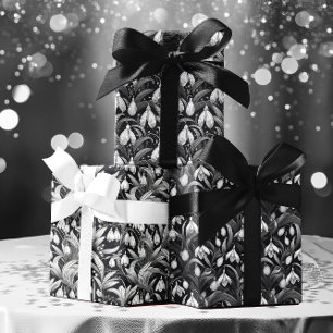 Elegant Black White Snowdrops Floral Patterns Wrapping Paper Sheets