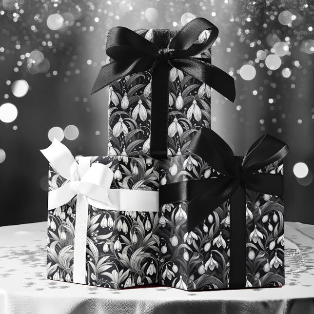 Elegant Black | White Snowdrops Floral Patterns Wrapping Paper Sheets (Elegant  Black and White Snowdrops Floral Pattern Trio Wrapping Paper Sheets)