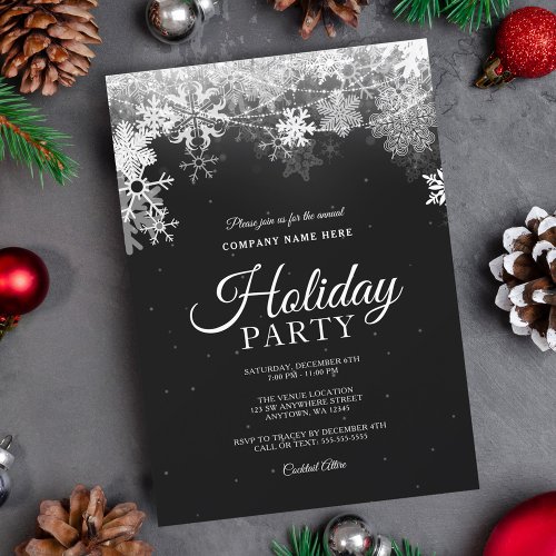 Elegant Black White Snowflake Corporate Holiday Invitation