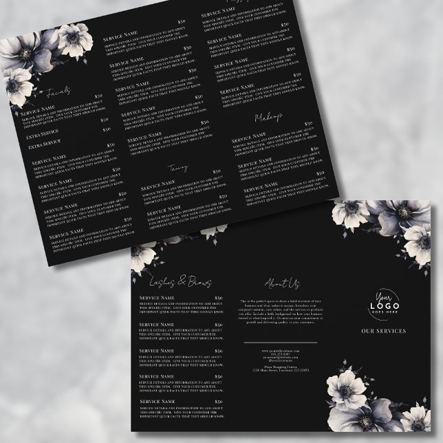 Elegant Black White Spa Services Menu Brochure Flyer (Elegant Black White Spa Services Menu Tri-Fold Flyer)
