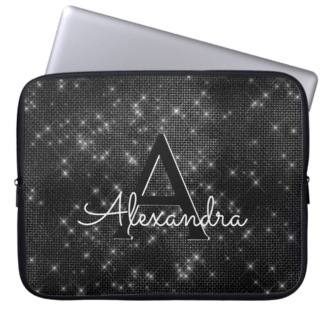 Elegant Black & White Sparkling Stars Monogram Laptop Sleeve (Front)