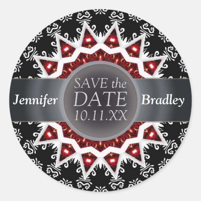 Elegant Black/White Star flame Save the Date Stick Classic Round Sticker (Front)