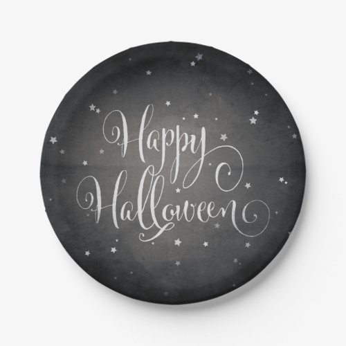 Elegant Black  White Stars Happy Halloween Party Paper Plates