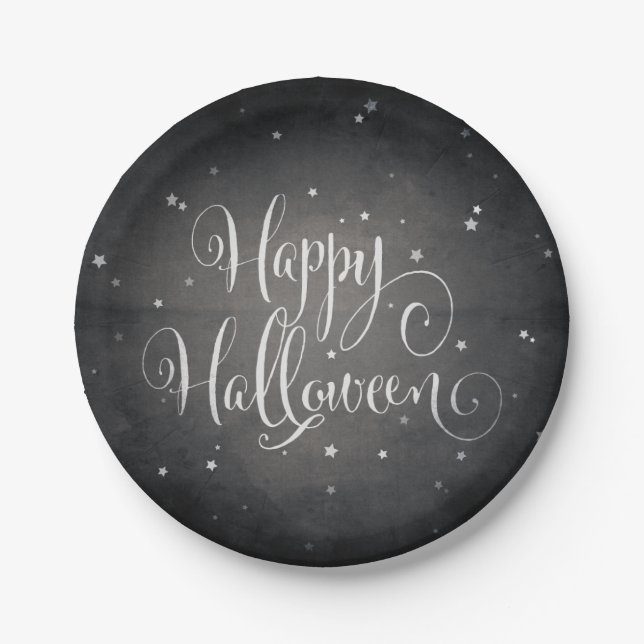 Elegant Black + White Stars Happy Halloween Party Paper Plates (Front)
