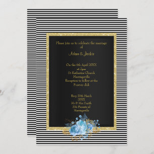 ELEGANT BLACK WHITE STRIPE BLUE BOUQUET WEDDING INVITATION