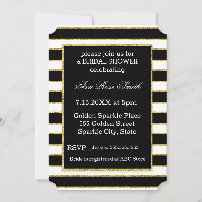 Elegant Black+White Stripe & Gold Bridal Shower Invitation (Front)