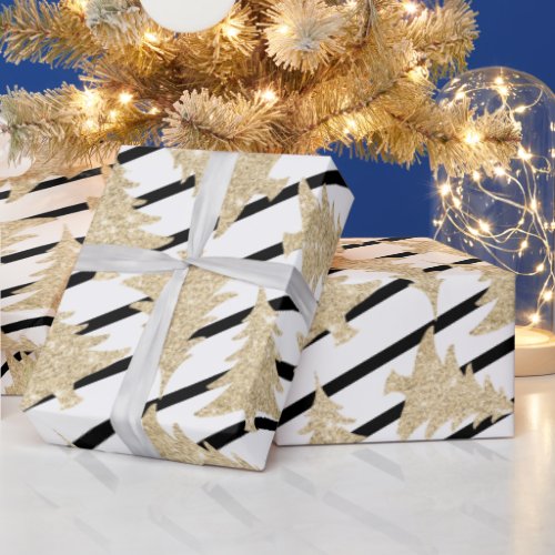 Elegant Black White Stripe Gold Christmas Tree   Wrapping Paper