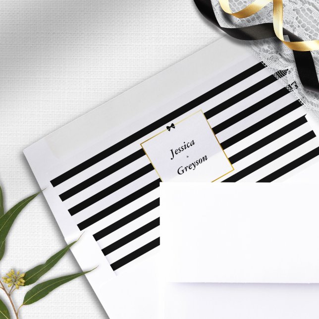 Elegant Black White Stripe Gold Frame Wedding Envelope Liner (Creator Uploaded)