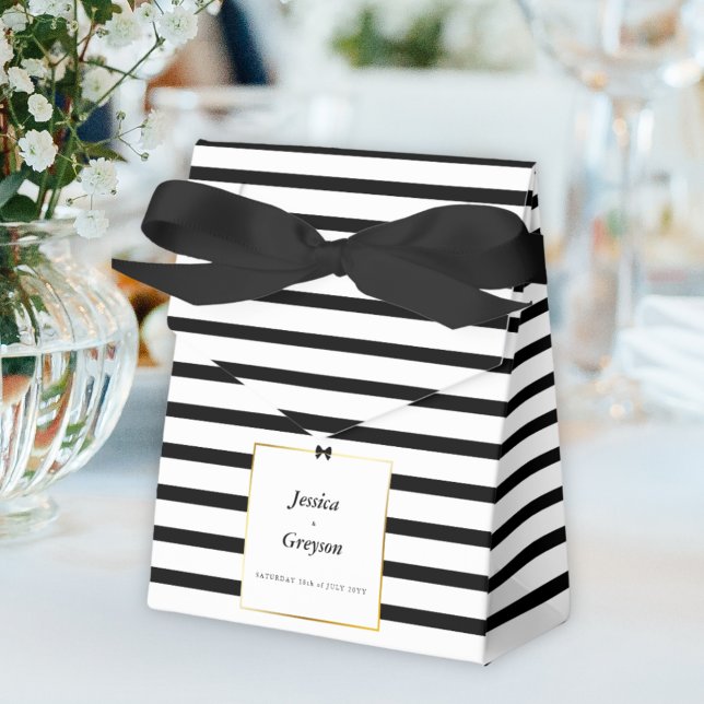 Elegant Black White Stripe Gold Frame Wedding Favor Boxes (Creator Uploaded)