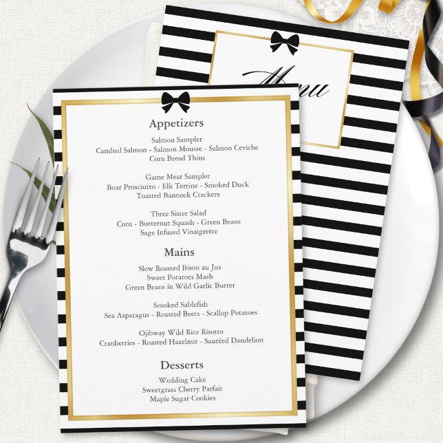 Elegant Black White Stripe Gold Frame Wedding  Menu (Creator Uploaded)