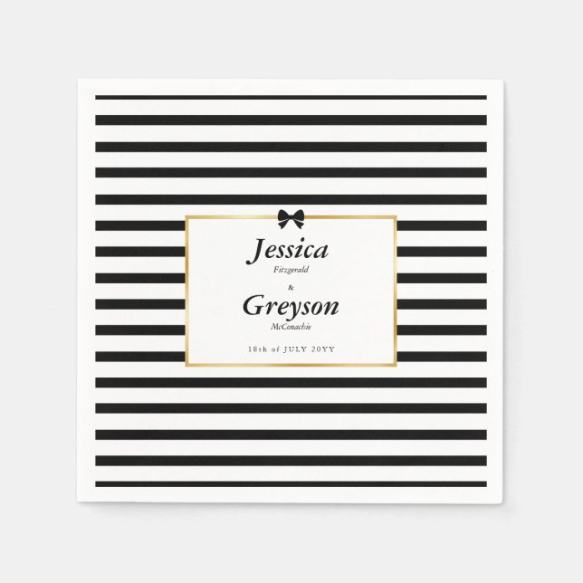 Elegant Black White Stripe Gold Frame Wedding Napkins (Front)