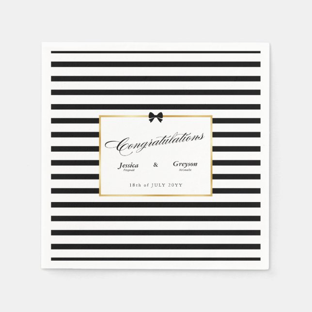 Elegant Black White Stripe Gold Frame Wedding Napkins (Front)