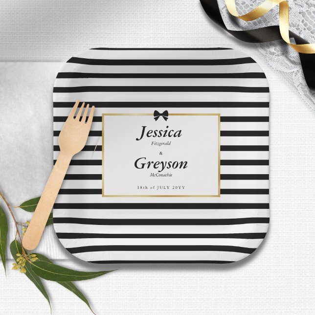 Elegant Black White Stripe Gold Frame Wedding Paper Plates (Creator Uploaded)