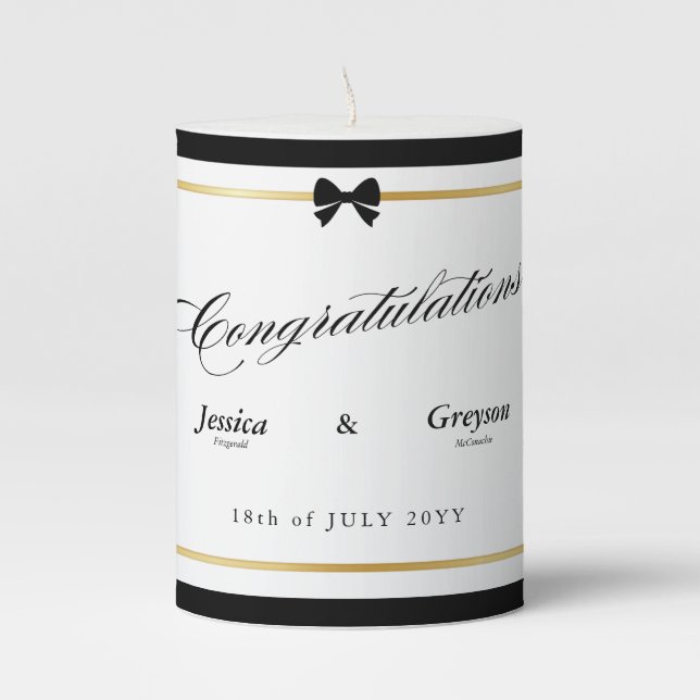 Elegant Black White Stripe Gold Frame Wedding Pillar Candle (Front)