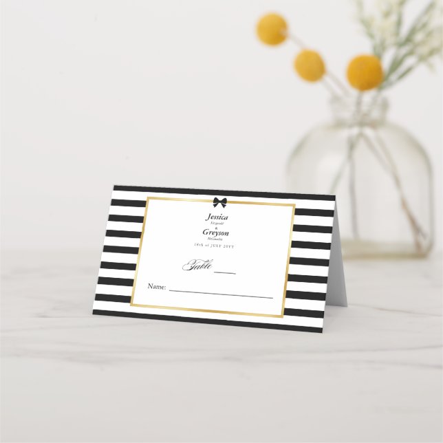 Elegant Black White Stripe Gold Frame Wedding Place Card (Front)