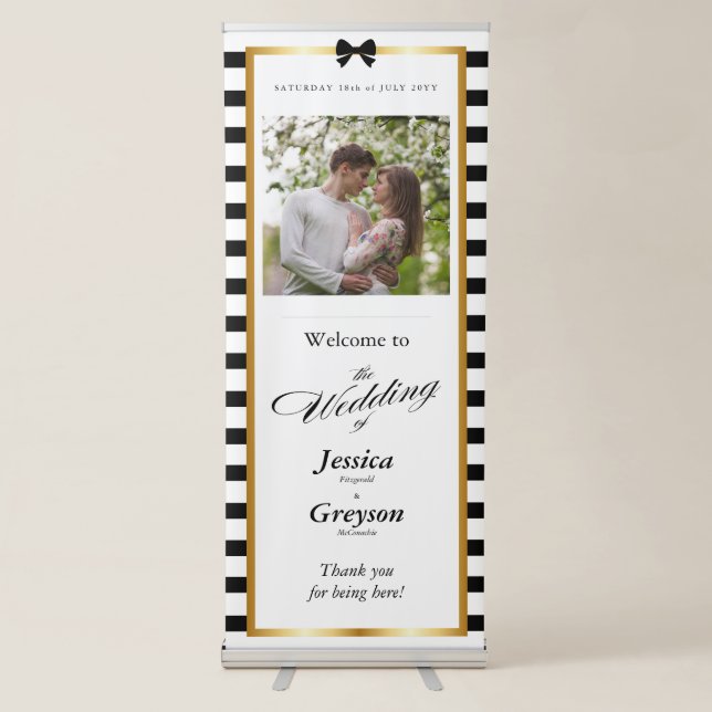 Elegant Black White Stripe Gold Frame Wedding Retractable Banner (Front)