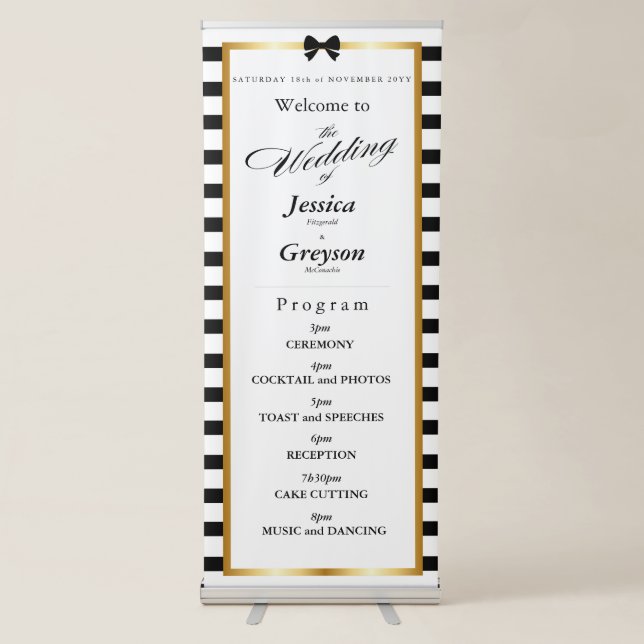Elegant Black White Stripe Gold Frame Wedding Retractable Banner (Front)