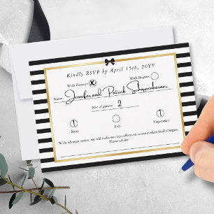 Elegant Black White Stripe Gold Frame Wedding RSVP Card