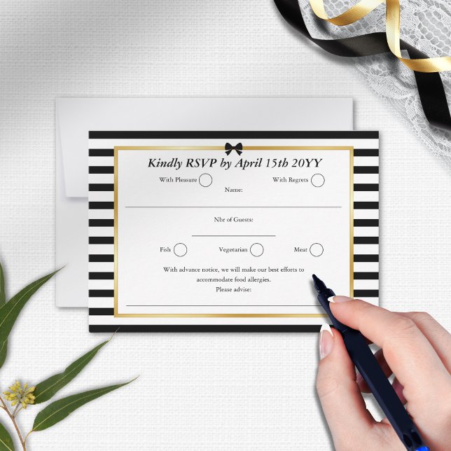 Elegant Black White Stripe Gold Frame Wedding RSVP Card (Creator Uploaded)