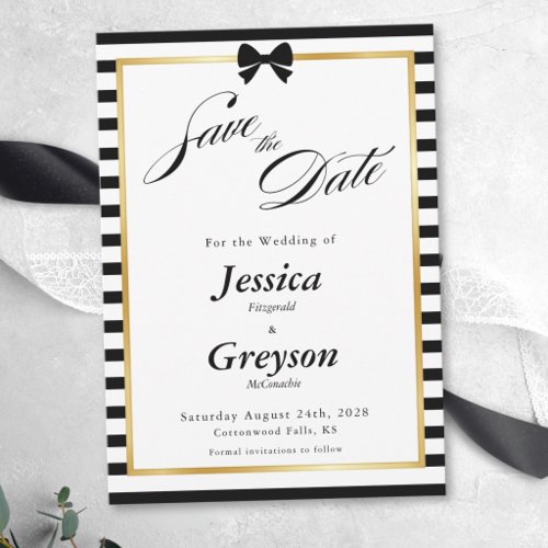 Elegant Black White Stripe Gold Frame Wedding Save The Date