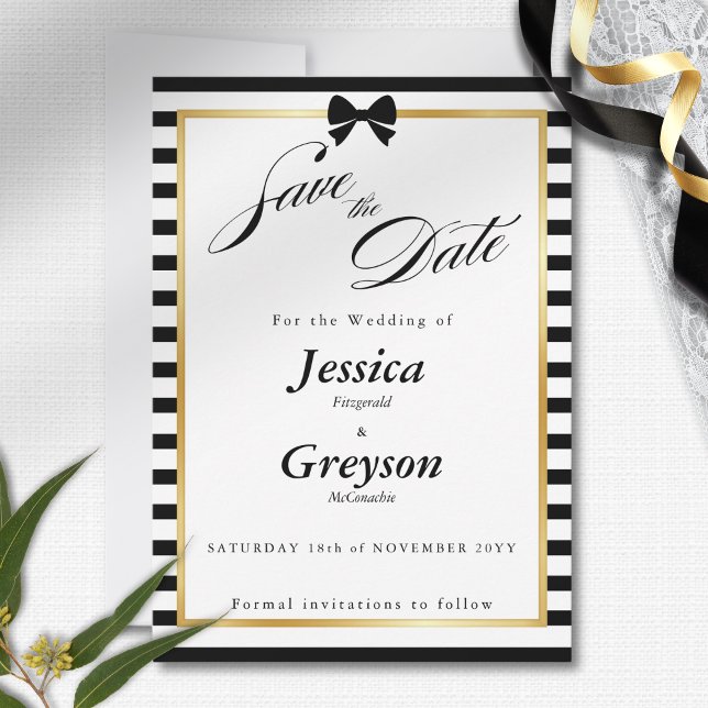 Elegant Black White Stripe Gold Frame Wedding Save The Date (Creator Uploaded)