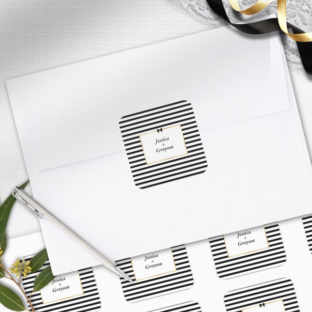 Elegant Black White Stripe Gold Frame Wedding Square Sticker (Creator Uploaded)