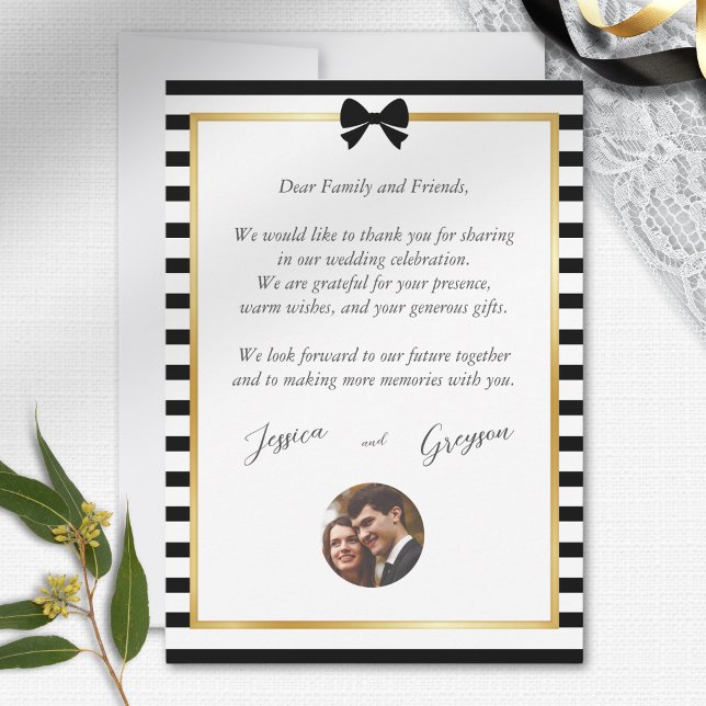 Elegant Black White Stripe Gold Frame Wedding Thank You Card (Creator Uploaded)