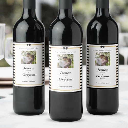 Elegant Black White Stripe Gold Frame Wedding Wine Label