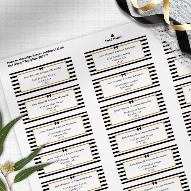 Elegant Black White Stripe Gold Wedding Address Label (Creator Uploaded)